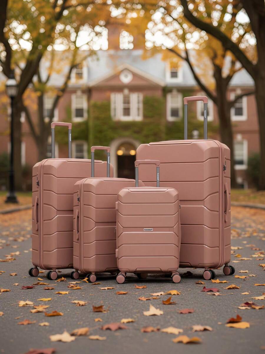 4PCS Carry-On Luggage Sets, Travel Suitcase With Wheels And TSA Custom Lock, PP Hardshell Suitcase, Expandable For More Capacity, Suitable As Gifts For Friends, Durable Luggage Sets For Outdoor Office Back To School College Travel Business Holiday Vacation - Hoa hồng vàng - Xem 1
