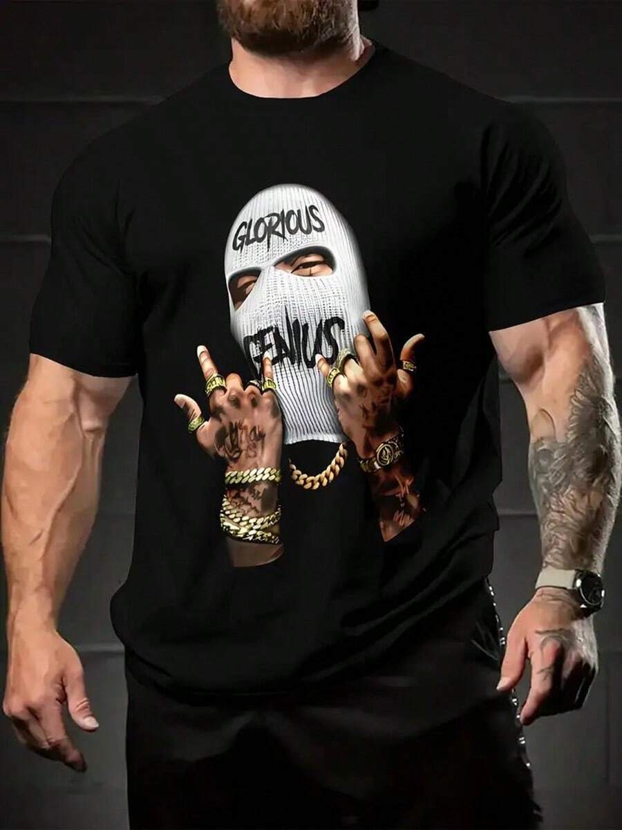 [Free Shipping][Bold Graphic Print T-Shirt] Bold Graphic Print Men's Short-Sleeve T-Shirt With Balaclava & Guns - Glorious Genius Text - Casual Round Neck Summer Top For Statement-Making Style - Machine Washable Comfort Fit Novelty Streetwear,Nightmare Before Christmas,Christmas,Halloween Costumes,Funny T Shirts,Summer Outfits,Thanksgiving Day,Men Graphic Tees,Streetwear Men,Freedom Shirt,Halloween Costumes For Men,Christmas,Funny Shirt,Graphic Tee,Vintage,Street Fashion, Sporty Casual, All Season, Y2K Clothing, Christmas, Gift For Boyfriend,Printed & Shipped In USA - Black - View 1