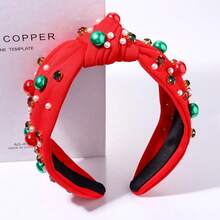 Christmas Red Knot Hairband - Pearl & Jewels Top Headband For Women, Fashion Elegant Ladies Wide Knot Head Band, Holiday Party Outfit Gifts - 聖誕紅結髮帶 - 查看 4