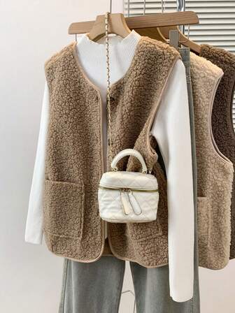 YUXIN Women's Essential Item For Autumn/Winter! Soft Faux Lambswool Sleeveless Cardigan Vest With Dual Pockets, Super Warm And Versatile For Daily Wear