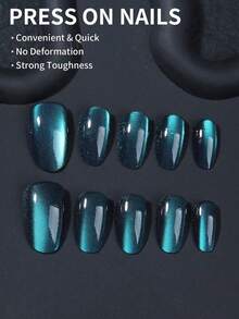 Instantly Upgrade Your Look With, 24pcs Y2K Short Oval Blue Crystal Cat Eye Tip Press On Nails Short, Blue Cat Eye Nails Fit Perfectly Acrylic False Nails Set, Include:1pc Jelly Glue And 1pc Nail File, Blue Cat Eye Nails For Women And Girls Daily Work, Study And Party Use