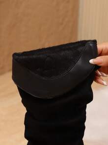 Women's Khaki Over-The-Knee Boots, 2025 Autumn/Winter New Arrival, Pointed Toe Faux Suede Pleated Slip-On Chunky Heel Tall Boots, Western Boots, Versatile For Commuting & Daily Wear, Plus Size - Black - View 7