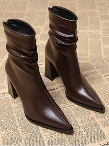 时尚尖头踝靴，高端美感，高跟，2025秋冬新款 - 棕色 - 查看 3