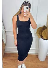 Vestido Tricô Feminino Canelado Regata Alça Larga Midi Modal Premium Decote Quadrado - Preto - Visão 3
