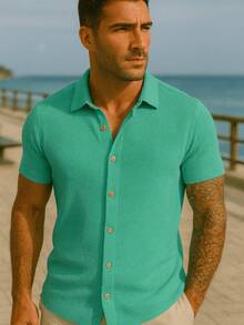 Men's Casual Textured Knit Shirt With Buttons Elegant Comfortable Casual Shirt - Havsgrön - Visa 1