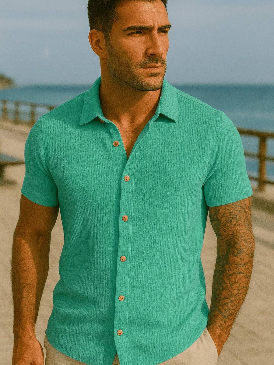 Men's Casual Textured Knit Shirt With Buttons Elegant Comfortable Casual Shirt - Havsgrön - Visa 1