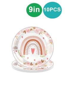 10pcs Pink Bohemian Rainbow Birthday Plate And Napkin Party Cutlery Set, Includes 7 In/9in Paper Plate, 9OZ Paper Cup, For Birthday Parties