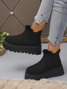 女士舒适防滑黑色毛绒保暖厚底雪地靴，一脚蹬高台厚底靴，保暖内衬冬季保暖靴，适合秋冬季日常穿着的黑色雪地靴，毛皮靴 - 黑色 - 查看 7