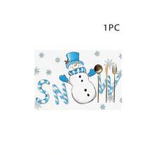 1/4/6 pièces Dessous de plat décoratifs avec bonhomme de neige portant un chapeau Top de forme bleu, décoré de feuilles de houx et de baies rouges, enveloppé dans une écharpe rayée bleu et blanc, avec des gants bleus imprimés