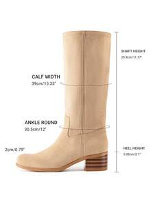 Wide Calf Nude Knee High Campus Boots For Women, Square Toe Chunky Block Low Heel Vintage Long Boots For Holiday - Khỏa thân - Xem 5