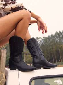 Women's Cowboy Boots Embroidery Stitching Pull-On  Almond Pointed Toe Chunky Heel Fashion Matching Dress Mid-Calf Black Boots - ĐEN/PU - Xem 8