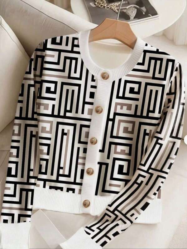 Cárdigan de punto de cuello redondo y manga larga para mujer, con estampado geométrico, detalles de punto acanalado y cierre delantero con botones