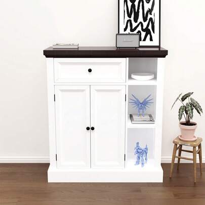 Rustic Storage Cabinet With 3 Cm Thick Top, Storage Cupboard With 2 Barn Doors, Drawer And Adjustable Open Shelf, For Living Room, White