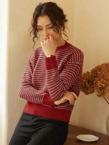 Knit Mix 女士条纹针织衫，适合秋冬季节，休闲撞色长袖上衣，完美适用于春季、圣诞节、新年、情人节等各种场合，展现优雅复古风情，是返校季和秋季时尚度假的理想之选。 - 紅色 - 查看 7