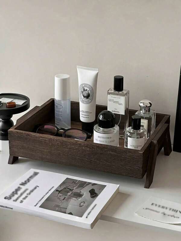 1 pieza - Caja de almacenamiento de cosméticos de escritorio avanzada, bandeja de almacenamiento de madera maciza estilo retro chino para encimera. Puede usarse como exhibición de ventana/decoración de fachada/decoración de fotografía/decoración de dormitorio. Ideal para regalar a mayores, amigos, novias, compañeros de clase y parejas. Día de Navidad