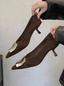 2025春秋新款法式尖头高跟鞋，金属搭扣装饰，细跟，工作鞋，黑色，优雅，派对鞋 - 棕色 - 查看 7