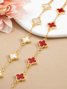(2pcs/Set) 2pcs Simple And Stylish Lucky Clover Bracelet, Featuring Gold Dripping Four-Leaf Clover Charm Matching With White And Black Multilayer Chain Bracelet, Women's Copper Bangle Suitable For Daily Wear Such As Dating, Graduation, Back To School Season, Making Friends, And Parties Valentines,Mom,Mother,Mother's Day,Gift