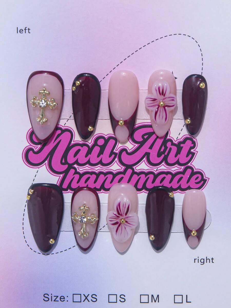 10 buc/set unghii manuale în formă de migdală, stil Y2K Baddie, culoare nud, alb, roșu cu vârfuri franțuzești, modele sculptate, cruce, piele de șarpe, modele de stea, bucăți de unghii strălucitoare, potrivite pentru femei și fete, petrecere, purtare zilnică, include trusă de scule, cadou excelent pentru doamne