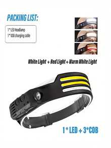 1 Lanterna de Cabeça Recarregável USB LED+COB, Lanterna de Cabeça com Sensor de Movimento, Adequada para Corrida, Pesca, Camping, Trilha, Luzes de Emergência