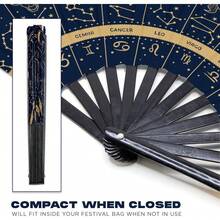 13-Inch Large Folding Fan With 12 Constellations & Bohemian Golden Design - Astrological Signs Designs For Festival Outfits, Cosmic Events - Perfect Accessory For Astrology. Portable Manual Party Fan For Women,  Celestial Accessory For Nightclubs, EDM Festivals, Glam Celebrations, Nightclub Essentials, Elegant Pattern, Premium Finish - XANH DƯƠNG1 - Xem 2