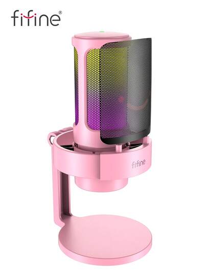  AmpliGame Gaming Microphone, USB PC Mic For Streaming, Podcasts, Recording, Condenser Computer Desktop Mic On , With RGB Control, Mute Touch, Headphone Jack, Pop Filter, Stand-FIFINE A8 Pink