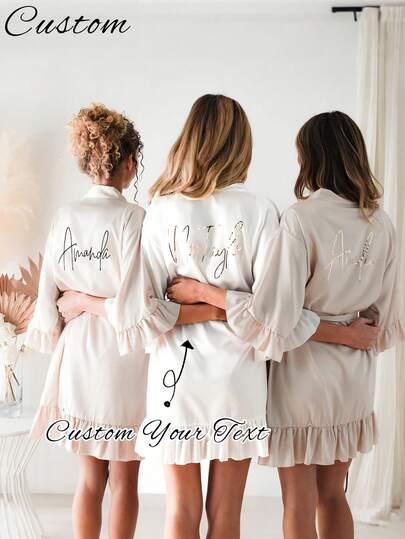 Custom-Made Satin Bridal Morning Robes With Short Sleeves; Custom-Made Wedding Morning Robes For Brides And Bridesmaids; Personalized Satin Morning Robes; Custom-Made Bridal Morning Robes; Bridesmaid Morning Robe Preparations; Wedding Party Morning Robes; Lace-Trimmed Morning Robes; Custom-Made Name Morning Robes; Bridal Morning Robe Gifts; Bridal Gift-Giving Gifts; Silky Loungewear; Matching Silky Loungewear For Bridesmaids; Wedding Party Gifts; Preparing Morning Robes.