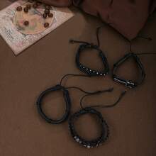 5pcs Men's Gift Set: Skeleton Dial Luminous Pointer Street Fashion PU Strap Quartz Watch, Skeleton Bracelet, Suitable For Gifts, Festivals