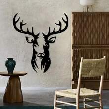 Elegante arte de parede em metal preto com cabeça de veado - Escultura moderna de silhueta de ferro para decoração interna/externa, ideal para sala de estar, jardim, estilo fazenda - Decoração de parede multiuso para Halloween e Natal, decoração de parede interna | Silhueta contemporânea | Ferro durável, decoração para casa
