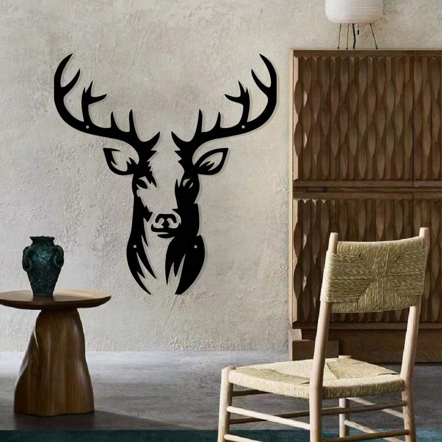 Elegante arte de parede em metal preto com cabeça de veado - Escultura moderna de silhueta de ferro para decoração interna/externa, ideal para sala de estar, jardim, estilo fazenda - Decoração de parede multiuso para Halloween e Natal, decoração de parede interna | Silhueta contemporânea | Ferro durável, decoração para casa
