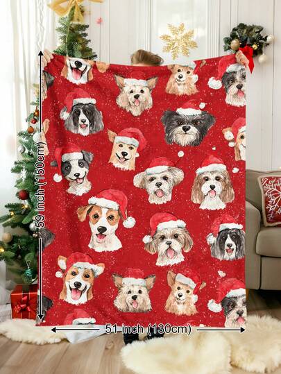 1 件可爱水彩宠物狗戴着圣诞帽，圣诞图案方形毛绒毯子，柔软温暖，适合所有季节，客厅、沙发、休闲椅、卧室、汽车旅行、露营、办公室和家居装饰，很棒的礼物