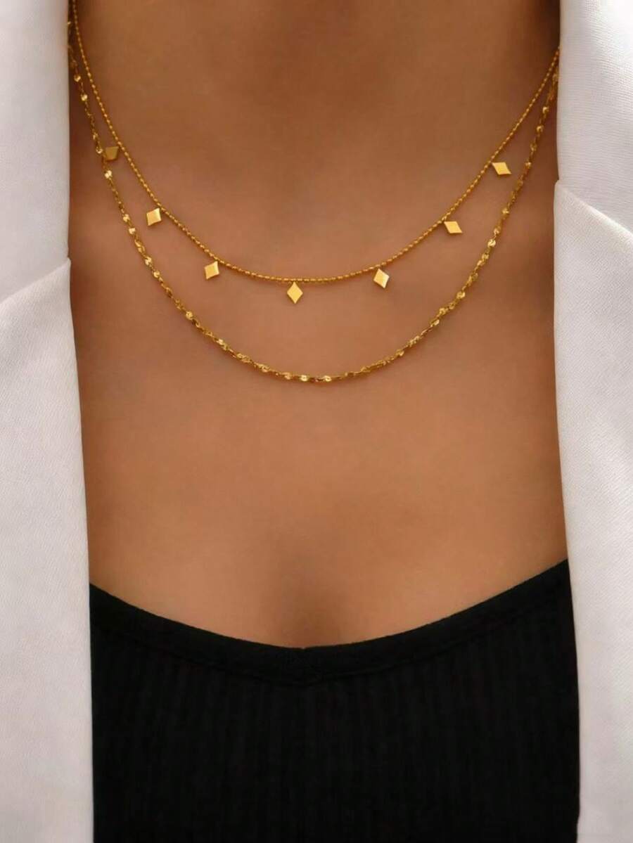 1 件双层 7 颗小立方体项链，时尚高端女性设计 - 金黃色 - 查看 1