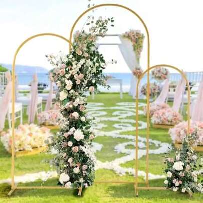 3pcs Metal Arch Backdrop Stand, Gold Wedding Arch Stand, Birthday Party Ceremony Square Arch Frame, Outdoor Indoor Celebration Decor, Iron Art Wedding Arch Balloon Arch Stand, Wedding Backdrop