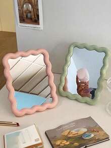 1pc Cute Makeup Mirror, Cream Wavy Design, Tabletop/Wall-Mounted, Suitable For Dorm, Vanity, Office, Makeup, Affordable, Room Decor, Vanity, Travel, Bedroom, Makeup Accessories, Mirror, Vanity Mirror, Mini Mirror, Compact Mirror, Small Mirror, Handheld Mirror, Inexpensive, Christmas Gift, Cosmetics, Makeup Tools, Cheap, Gift, Women's Gift, Christmas Gift - Multicolor - View 7