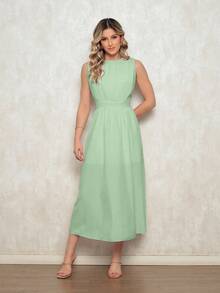 Elegant Women's Dress With A Nipped Waist - Sleeveless, Discreet Neckline And Loose Skirt For Formal Or Casual Occasions - 薄荷綠 - 查看 3