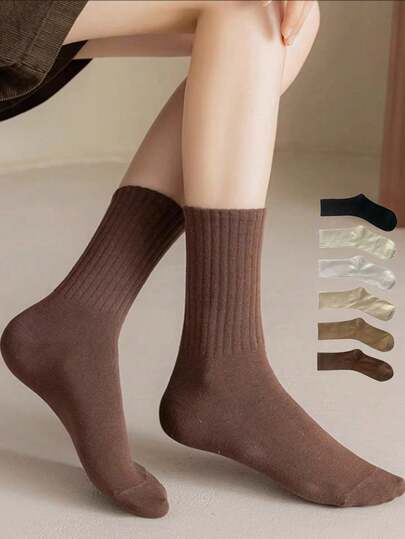 6 pares de calcetines de tubo medio sólidos, transpirables, cómodos, de moda y de alta calidad