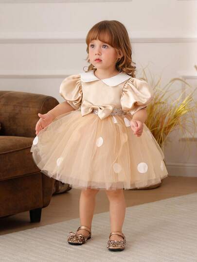 Baby Girls 0-3 Years Old Polka Dot Puff Sleeve Bow Tulle Gold Party Elegant Dress, Princess Dress Suitable For Girl's Birthday, 1st Birthday Party, Banquet, Formal Occasion, Holiday Celebration
