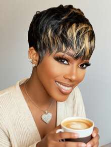 1B/27 短款精灵短发假发 真人发 无胶 巴西真人发假发 适合日常佩戴 适合所有季节的女士全机假发 - 間色 - 查看 3