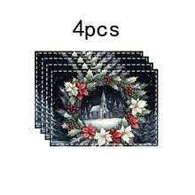 1 buc/4 buc/6 buc/100 buc Covorașe Placemat cu model de scenă bisericească cu fructe de pădure de ilex și poinsettia, Covorașe Placemat dreptunghiulare din poliester, lavabile la mașină, Protecții de masă, Covorașe Placemat termoizolante, Decorațiuni de masă pentru restaurant, Articole pentru petreceri, Decorațiuni de Crăciun, Pot fi oferite cadou
