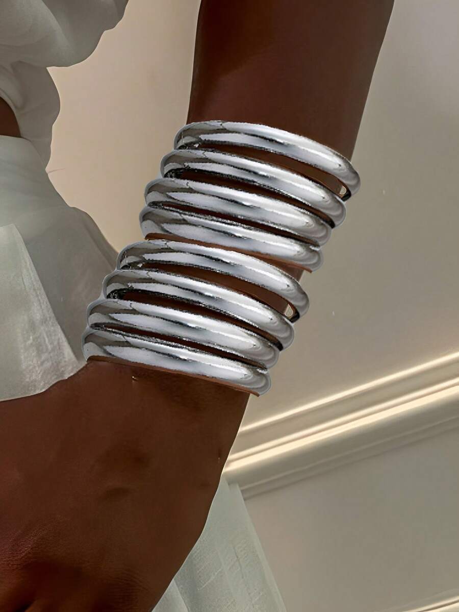 8/4pcs Thick Hoop Metal Bangle Set, Women's Bangle Set, Women's Stackable Bangle Jewelry, Thick Hoop Bangle Set - Silver - View 1