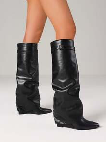 Knee High Fold Over Shark Boots For Women Pointed Toe Wedges High Heels Pull On Slouchy Boots Fashion Party Business Fall Shoes - 黑色 - 查看 7