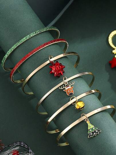 6 قطع/مجموعة أساور عيد الميلاد للبنات، سحر شجرة عيد الميلاد والرنة والغزال من سبائك المعادن، مجوهرات لأزياء عيد الميلاد