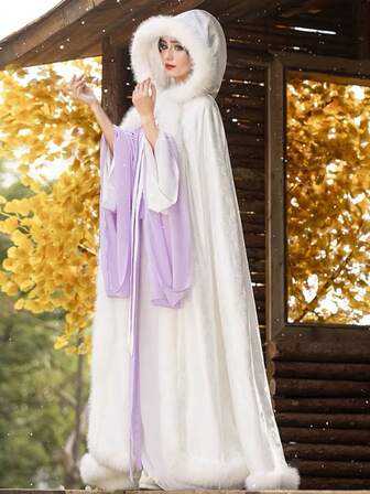 1 stuk witte open imitatiebonten sjaal voor dames met striklint, warme bovenkleding voor bruiloften, elegante vintage romantische luxe mantel in grote maten, cape in Hanfu-stijl, lange mantel met capuchon