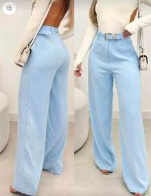 Premium Tailored Wide Leg Pants With Covered Belt  2026 - Baby Blue - View 1