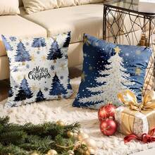 4件套圣诞抱枕套，优雅圣诞树、小鹿、雪花、波浪图案，蓝白配色，适用于沙发、客厅、户外家居装饰，单面设计，不含枕芯。圣诞装饰，房间装饰，家居装饰