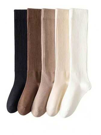 5 Pairs Women's Solid Color Warm, Anti-Slip, Anti-Friction Versatile Leg Slimming Socks, Autumn/Winter, Cozy Socks