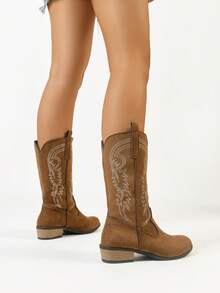 秋冬新款女士刺绣白色皮革西部靴，尖头粗跟中筒靴，户外休闲时尚靴，牛仔靴 - 駝色 - 查看 7
