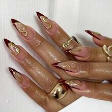 Stiletto Press On Nails Long Fake Nails Red French Tip Glue On Nails 3d Ripple Gold Chrome Acrylic Nails 24Pcs Handmade Almond False Nails Manicure Full Cover Stick On Nails - 多色15 - 查看 1
