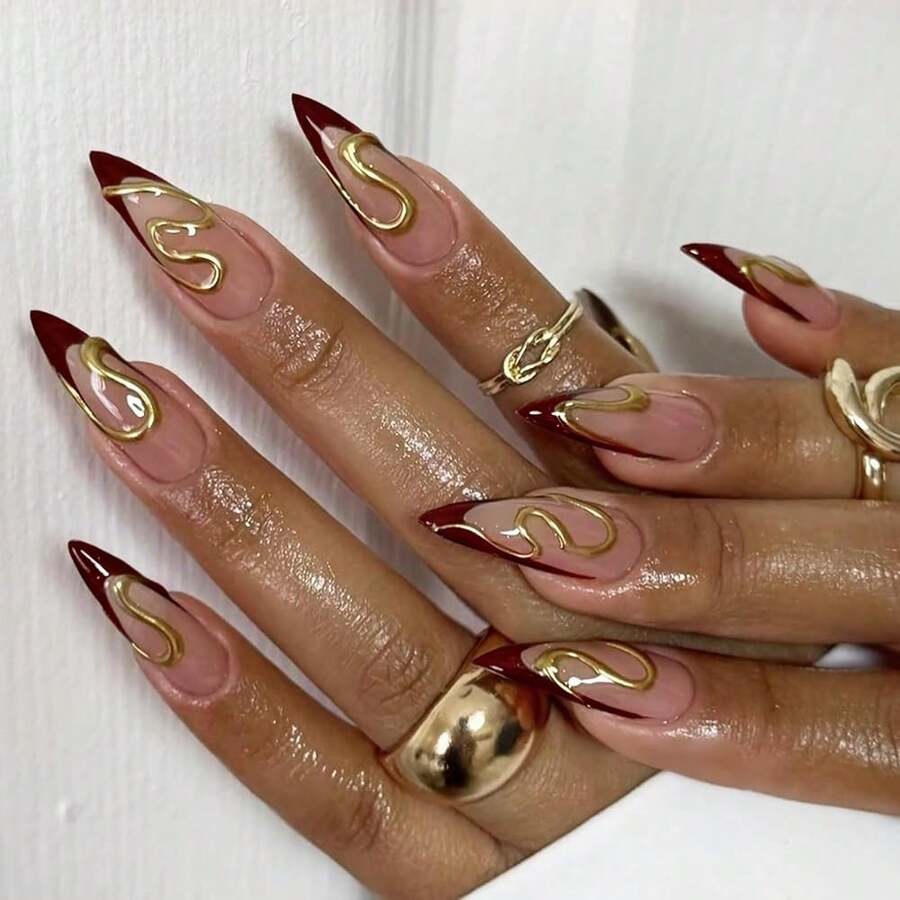 Stiletto Press On Nails Long Fake Nails Red French Tip Glue On Nails 3d Ripple Gold Chrome Acrylic Nails 24Pcs Handmade Almond False Nails Manicure Full Cover Stick On Nails - 多色15 - 查看 1