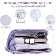 Correa Clip And Go para Teléfono con Cartera, Cordón Cruzado con Cierre Antirrobo, Cartera de Muñeca Desmontable con RFID y Ventana para Identificación para Viajes Diarios - Morado - Ver 3