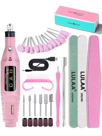 LULAA Nail Polish Remover Kit: Nail File Machine, Sanding Heads, Buffing Blocks, Polishing Strips, Steel Pusher, Dust Brush, Cuticle Pusher